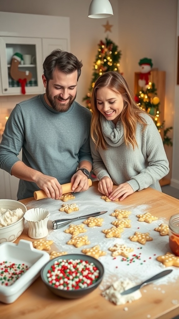 Couple baking Christmas cookies together in a festive kitchen.
